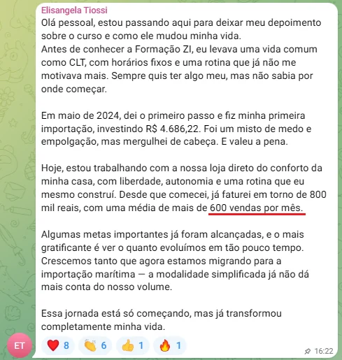 Depoimento de Elisângela: primeira importação em maio de 2024, hoje 600 vendas por mês