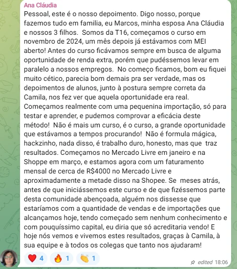 Depoimento de Ana Cláudia e Marcos: faturamento mensal no Mercado Livre e na Shopee