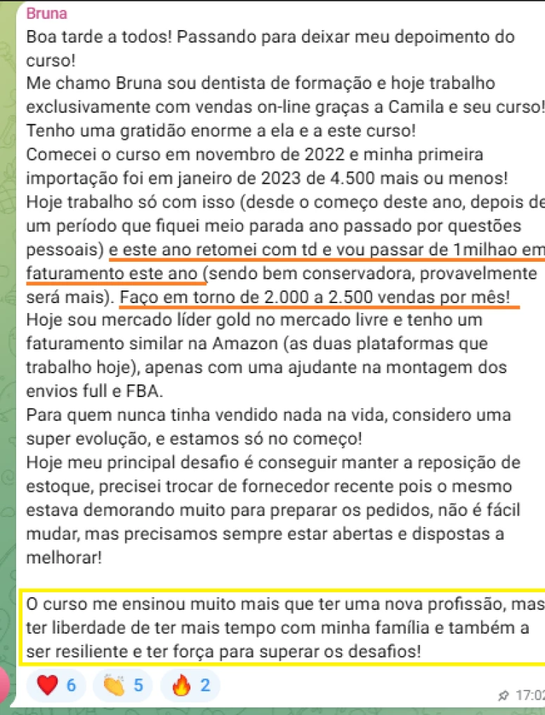 Depoimento da Bruna: mais de 1 milhão de faturamento